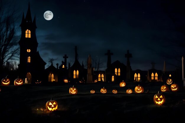 Foto halloween pompoenen worden tentoongesteld in een kerkhof met een volle maan op de achtergrond.