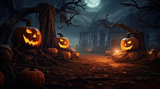 Halloween-pompoenlantaarn met een kwaadaardig gezicht en ogen Jack O' Lanterns op kerkhof in de griezelige nacht Halloween-achtergrond