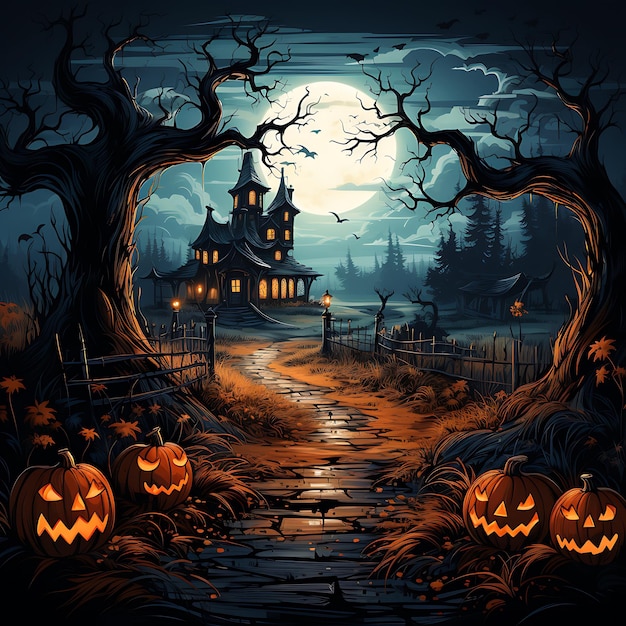 Halloween-pompoenveld met een metalen hek en een sinister huis op de achtergrondmaanbomen