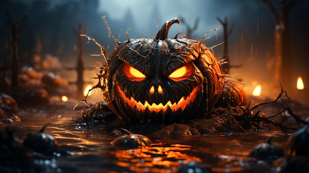 Halloween-pompoenverschrikking met donkere nachtachtergrond