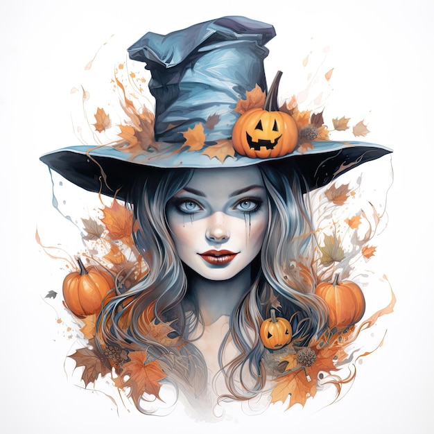 Halloween portrait of a beautiful young witch in a composition with pumpkins and maple leaves