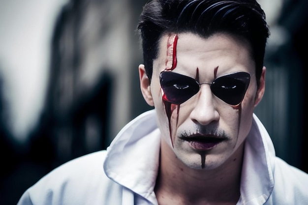 Halloween portrait of a mad doctor with white makeup blood daytime on the street