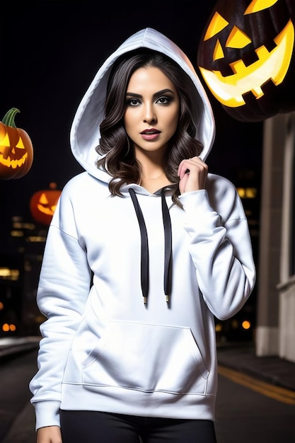 halloween Portrait of a woman in a white hoodie on a city street at night pumpkins and lanterns