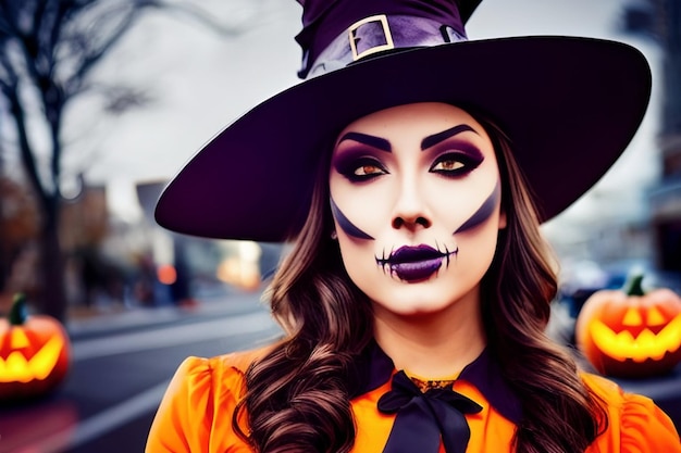 halloween Portrait of a woman with the makeup of a dead witch in an orange dress near pumpkins