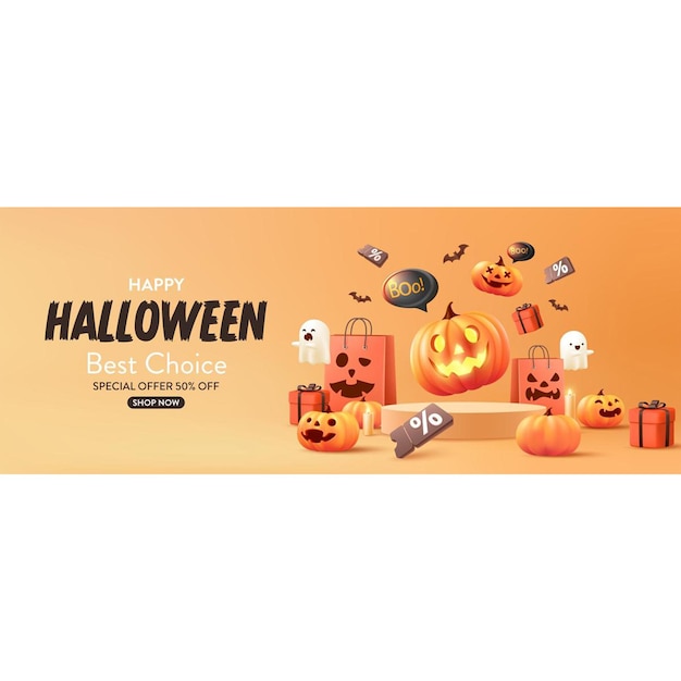 Halloween poster and banner template with cute Halloween pumpkinbatcandy and ghost