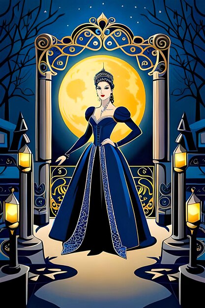 Halloween poster featuring an elegant masquerade ball under a moonlit sky