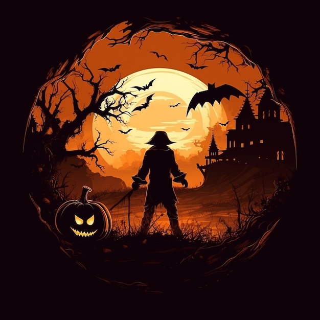 A halloween poster featuring a silhouette of a man in a hat standing in front of a castle and bats.