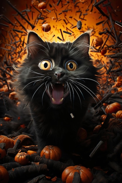 Плакат на Хэллоуин смешная ведьма и черная кошка AI иллюстрация цифровая виртуальная генеративная xA