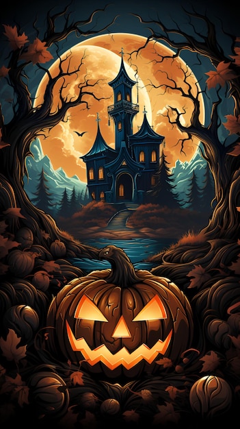 Halloween-poster in een mystiek oud huis 's nachts met een griezelige jack o'lantern-pompoen tegen een