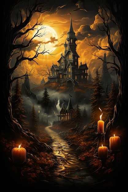 Halloween-poster met pompoenen en verlichte lantaarns in de stijl van donkere en gruizige stadsgezichten 19e-eeuwse fantastische straat AI illustratie digitaal virtueel generatief