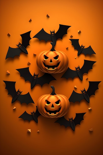 Photo halloween poster in orange background with bat and pumpkin decoration