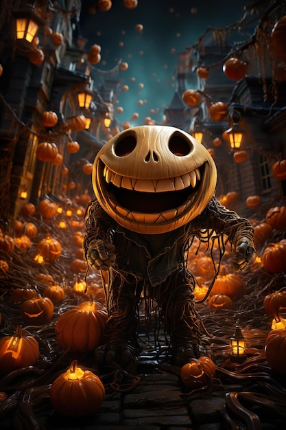 Halloween poster spooky pumpkins photorealistic cityscapes detailed character design fantastical street spectacular backdrops caricature faces playful AI illustration digital virtual generative