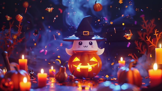 Halloween poster with 3D illustrated ghost cat flying around a pot The scene includes a jack o lantern candles and confetti