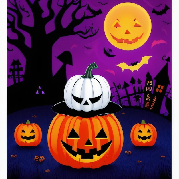 A halloween poster with a pumpkin on it and a moon in the background.