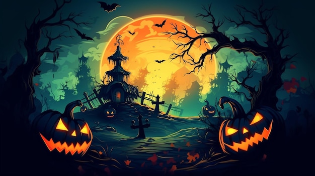 Хэллоуинский плакат с тыквой на фоне полной луны.