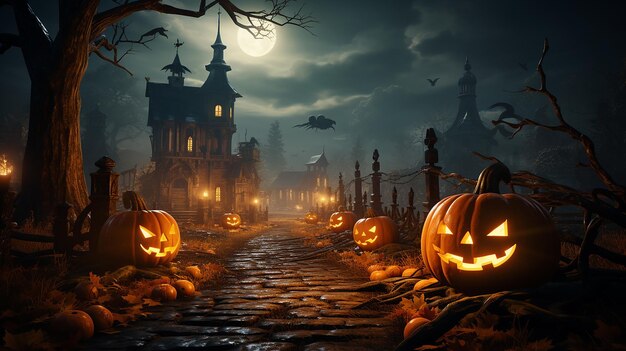 Halloween poster with pumpkins and other traditional Halloween decorations in front of a landscape