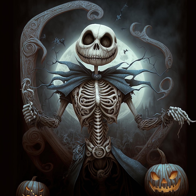 A halloween poster with a skeleton holding a pumpkin with the title " halloween " on it.