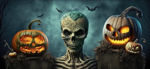 A halloween poster with a skeleton on top of a fence with pumpkins and a skeleton in the background
