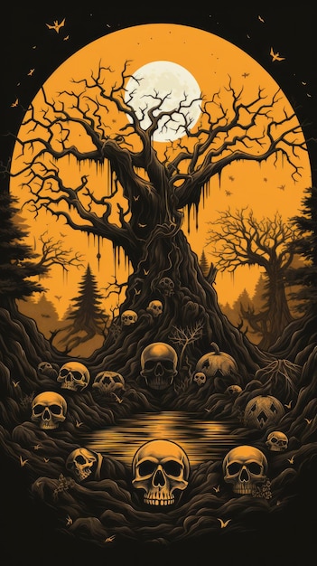 a halloween poster with skulls and a tree in the background