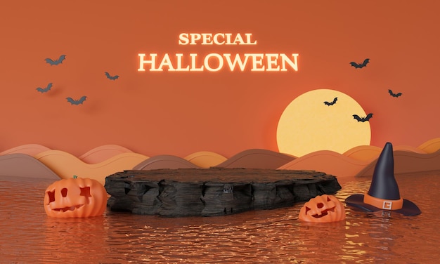 Halloween product display podium decorated with pumpkin jack O lantern 3D rendering illustration