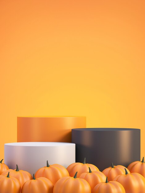 Halloween product mockup achtergrond met 3D oranje product podium display en pompoen, 3D render illustratie