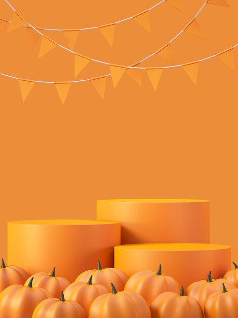 Halloween product mockup achtergrond met 3D oranje product podium display en pompoen, 3D render illustratie