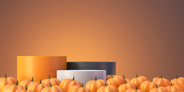 3D 오렌지 제품 연단 디스플레이 및 호박, 3D 렌더링 그림이 있는 할로윈 제품 모형 배경
