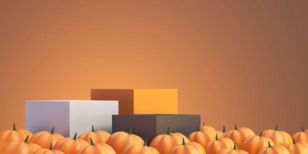 Fondo del modello del prodotto di halloween con l'esposizione del podio del prodotto arancione 3d e la zucca, illustrazione di rendering 3d