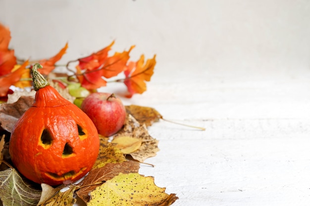 Halloween pumpkin and autumn leaves on white background