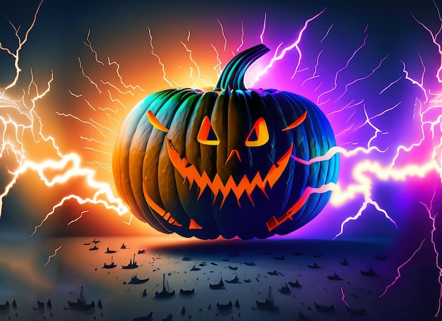 Photo halloween pumpkin background with colorful thunder power in the sky