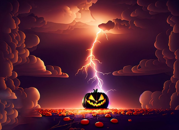 Halloween pumpkin background with Lightning in the sky
