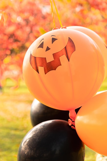 Halloween pumpkin balloons orange and black in autumn park