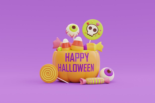 Halloween pumpkin basket full of colorful candies and sweets on purple background traditional october holiday 3d rendering