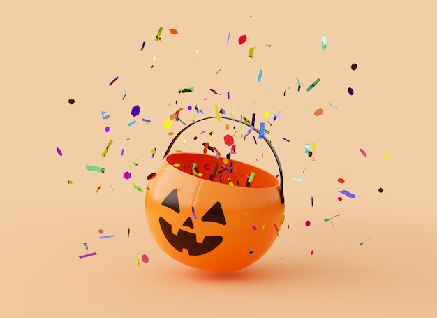 halloween pumpkin basket with confetti coming out of it on a pastel orange background trick or treat concept 3d rendering