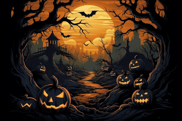 Halloween Pumpkin and Bats Background Halloween Day AI