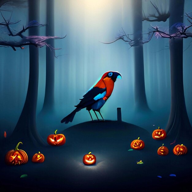 Halloween pumpkin and black raven Generative AI