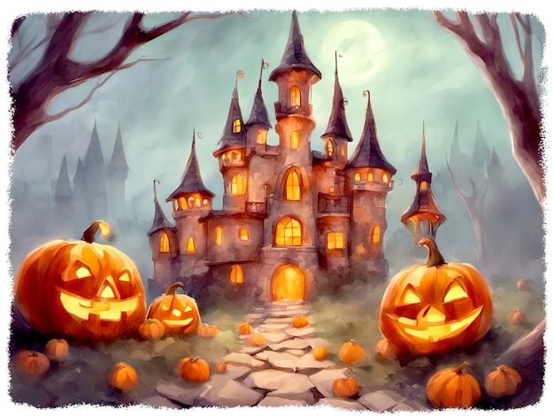 Halloween pumpkin castle illustration