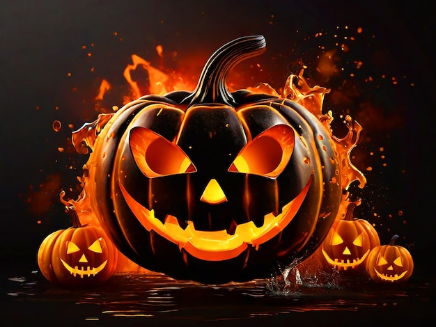 halloween pumpkin clipart that smiles in flames with splash background