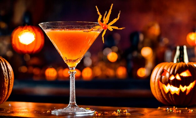 Photo halloween pumpkin cocktail bar selective focus