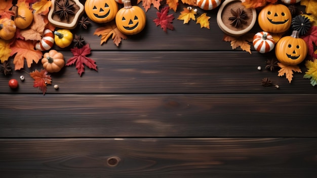 Halloween pumpkin cookies with anise and autumn leaves lie in an oval frame on top on a dark brown wooden table with copy space for your text flat lay closeup