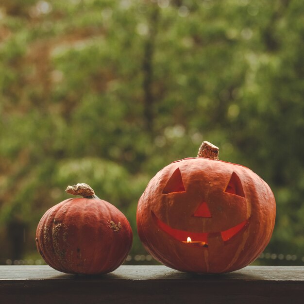 Halloween pumpkin on a cozy window sill with a red plaid. Whole pumpkin and sparkler outdoors. Happy Halloween! Autumn is cozy. rain outside.