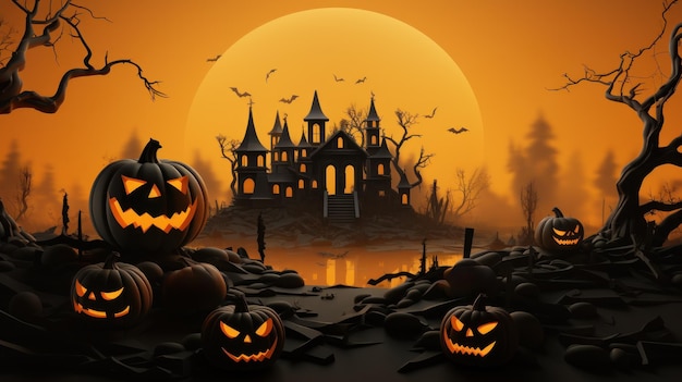 Halloween Pumpkin and dark castle with graveyard Full Moon spooky night mysterious forest darkness s