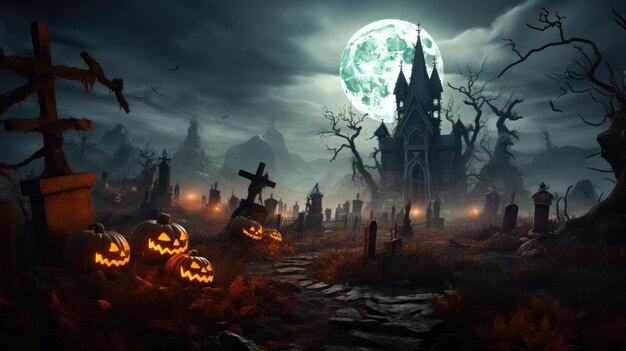 Halloween Pumpkin and dark castle with graveyard Full Moon spooky night mysterious forest darkness