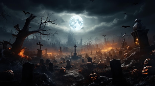 Halloween Pumpkin and dark castle with graveyard Full Moon spooky night mysterious forest darkness