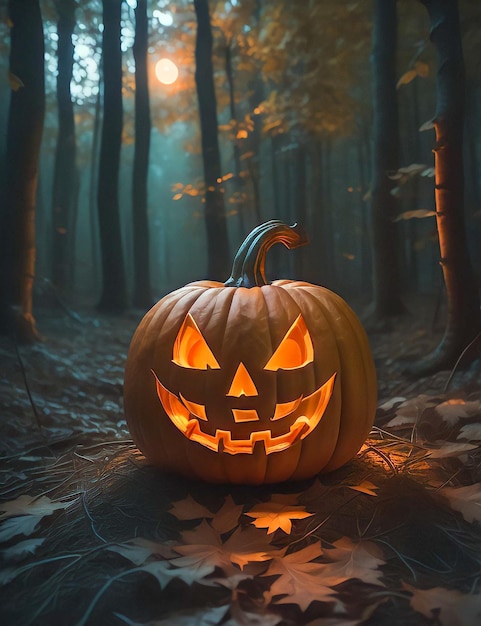 Halloween pumpkin in a dark forest with a light on the background