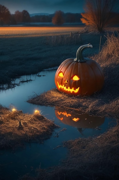 キャンドルライトの恐怖の夜に畑にあるハロウィーンのカボチャ