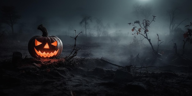 A halloween pumpkin in a foggy night with a full moon in the background.
