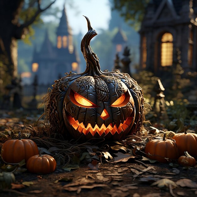 Halloween pumpkin on forest ground in autumn