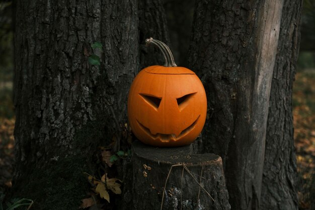 Photo halloween pumpkin in the forest, jack'o lantern