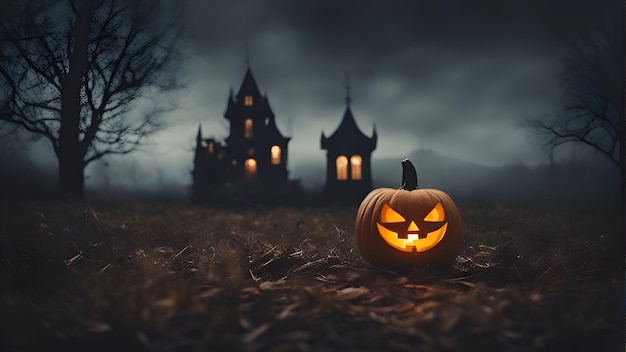 Halloween pumpkin in front of haunted house 3D Rendering